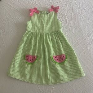 4T Rare Editions Green Gingham Sleeveless Kids Dress w/ Pink Bows & Watermelons